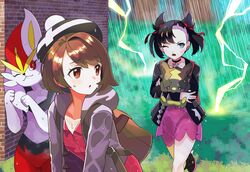  2girls aqua_eyes asymmetrical_bangs backpack bag bangs black_choker black_hair black_jacket boots brick brown_eyes brown_hair cardigan choker cinderace commentary_request dress earrings electricity gen_8_pokemon grey_cardigan hair_ribbon highres holding holding_pokemon jacket jewelry katwo_1 long_sleeves looking_to_the_side mary_(pokemon) morpeko multiple_girls one_eye_closed open_clothes open_mouth pokemon pokemon_(creature) pokemon_(game) pokemon_swsh rain red_ribbon ribbon running short_hair tam_o&#039;_shanter water wet wet_clothes yuuri_(pokemon) 