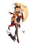  1girl absurdres bangs bat black_legwear blonde_hair blue_eyes breasts cat demon_horns erosiscon eyebrows hair_ornament high_heels highres horns looking_at_viewer pointy_ears red_footwear solo standing thigh-highs tongue tongue_out 