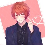  1boy bangs black_ribbon black_shirt blue_jacket blush collared_shirt commentary_request eyebrows_visible_through_hair hand_up hasu_(selisa) heart heart_of_string highres ittoki_otoya jacket long_sleeves looking_at_viewer male_focus neck_ribbon open_clothes open_jacket orange_eyes parted_lips pink_background plaid plaid_jacket redhead ribbon shirt smile solo upper_body uta_no_prince-sama white_background 