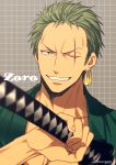  1boy blurry character_name commentary_request depth_of_field drawing_sword green_hair green_kimono grey_background grin holding holding_sword holding_weapon japanese_clothes jewelry kimono looking_at_viewer male_focus mashima_shima one_piece open_clothes open_kimono roronoa_zoro scar scar_across_eye sheath single_earring smile solo sword teeth tile_background twitter_username unsheathing weapon 