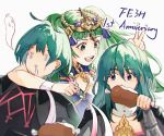  1boy 2girls anniversary armor blue_eyes blue_hair braid byleth_(fire_emblem) byleth_eisner_(female) byleth_eisner_(male) copyright_name eating fire_emblem fire_emblem:_three_houses green_hair highres holding joer_kk long_hair multiple_girls open_mouth ribbon_braid short_hair simple_background sothis_(fire_emblem) tiara twin_braids upper_body v white_background 