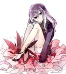  1girl black_jacket closed_mouth d.gray-man frown full_body hair_down half-closed_eyes jacket lenalee_lee long_hair long_sleeves pumps purple_hair red_footwear shiny shiny_hair shumiko_(kamenokoueki) simple_background sitting sketch sleeves_past_wrists solo straight_hair thigh-highs white_background white_legwear 