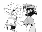  2girls blush bow closed_eyes commentary_request greyscale hair_bow hair_ornament hairclip kohinata_miku looking_at_another monochrome multiple_girls open_mouth senki_zesshou_symphogear shirt short_hair smile tachibana_hibiki_(symphogear) tnr_niwa28 touching upper_body 