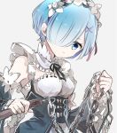  1girl black_ribbon black_sleeves blue_eyes blue_hair bustier chain closed_mouth detached_collar detached_sleeves flower grey_background hair_flower hair_ornament hair_over_one_eye hair_ribbon head_wreath holding holding_weapon long_sleeves looking_down neck_ribbon pink_ribbon re:zero_kara_hajimeru_isekai_seikatsu rem_(re:zero) ribbon ribbon-trimmed_sleeves ribbon_trim shiny shiny_hair short_hair shumiko_(kamenokoueki) simple_background sketch solo upper_body weapon white_flower x_hair_ornament 