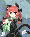  1girl animal_ears bangs black_dress black_sleeves bow braid cat_ears cat_tail chups dress extra_ears eyebrows_visible_through_hair fang food frilled_sleeves frills fruit grapes green_frills hair_bow highres holding holding_umbrella kaenbyou_rin long_sleeves looking_at_viewer multiple_tails open_mouth outdoors rain red_eyes red_nails red_neckwear redhead short_hair smile solo tail touhou transparent transparent_umbrella twin_braids two_tails umbrella upper_body wide_sleeves 