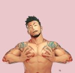  1boy bara beard black_hair chest facial_hair green_eyes gyee highres itto_(mentaiko) male_focus manly muscle nipples pectoral_grab pectoral_press pectorals priapus priapus_(gyee) red_pupils shirtless tattoo tongue tongue_out upper_body 