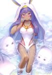  &lt;o&gt;_&lt;o&gt; 1girl absurdres animal_ears bangs blush breasts copyright_name covered_navel dark_skin earrings facial_mark fate/grand_order fate_(series) highres hoop_earrings ibara_riato jackal_ears jewelry long_hair looking_at_viewer medium_breasts medjed necklace nitocris_(fate/grand_order) nitocris_(swimsuit_assassin)_(fate) one-piece_swimsuit partially_submerged purple_hair scan shiny shiny_hair shiny_skin solo swimsuit very_long_hair violet_eyes wat water 