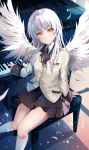  1girl angel_beats! angel_wings arm_support blazer blush breasts commentary eyebrows_visible_through_hair feathered_wings feathers head_tilt highres hirai_yuzuki instrument jacket kneehighs long_hair looking_at_viewer piano school_uniform silver_hair sitting skirt socks solo tachibana_kanade wings yellow_eyes 