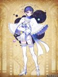  1boy blue_eyes blue_hair cape copyright_name full_body high_heels holding_planet male_focus morino_bambi pandora_party_project parted_lips planet simple_background sleeves_past_fingers sleeves_past_wrists smile thigh-highs white_cape white_legwear yellow_background 