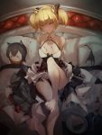  absurdres animal_ear_fluff animal_ears arknights barefoot bed black_capelet blonde_hair capelet eyyy feet highres huge_filesize id_card jacket looking_at_viewer panties pillow short_hair sora_(arknights) tail texas_(arknights) thighs twintails underwear white_jacket wolf_ears wolf_tail 