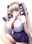  1girl absurdres azur_lane blue_skirt breasts cellphone eyebrows_visible_through_hair formidable_(azur_lane) gintokyhenry hair_ornament highres holding holding_phone huge_breasts large_breasts long_hair looking_at_viewer phone pleated_skirt red_eyes red_neckwear school_uniform shirt short_sleeves skirt smartphone twintails very_long_hair white_shirt 