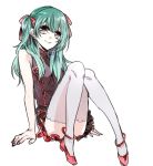  1girl adapted_costume bangs black_jacket closed_mouth d.gray-man earrings full_body green_hair hair_between_eyes hair_ribbon jacket jewelry lenalee_lee long_hair miniskirt red_eyes red_footwear red_ribbon ribbon shiny shiny_hair shumiko_(kamenokoueki) simple_background sitting sketch skirt sleeveless sleeveless_jacket smile solo thigh-highs twintails white_background white_legwear zettai_ryouiki 
