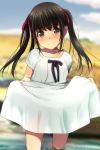  1girl absurdres bangs black_bow black_hair blurry blurry_background blush bow brown_eyes closed_mouth day depth_of_field dress eyebrows_visible_through_hair hair_ribbon highres long_hair matsunaga_kouyou nose_blush original outdoors red_ribbon ribbon short_sleeves smile solo standing twintails wading water white_dress 