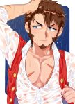  1boy abs beard blue_eyes brown_hair chest facial_hair fate/grand_order fate_(series) long_sleeves male_focus muscle napoleon_bonaparte_(fate/grand_order) open_clothes pectorals rain scar shitappa sideburns simple_background solo wet wet_clothes wet_hair 