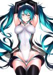  1girl absurdres ahoge aqua_eyes aqua_hair armpits arms_up bangs bare_shoulders blush boots breasts choker covered_navel covered_nipples elbow_gloves gloves grin groin hatsune_miku headphones highleg highleg_leotard highres impossible_clothes impossible_leotard leotard long_hair looking_at_viewer medium_breasts racequeen racing_miku racing_miku_(2011) sidelocks sleeveless smile solo thigh-highs thigh_boots thigh_gap twintails ulrich_(tagaragakuin) very_long_hair vocaloid 