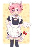  1girl alternate_costume annoyed apron bangs bell bell_choker black_choker black_legwear blush bow cat_cutout cat_tail choker cleavage_cutout commentary doki_doki_literature_club enmaided fang frilled_legwear frilled_shirt_collar frills gloves hair_ornament hair_ribbon hairclip hand_on_hip jingle_bell looking_at_viewer maid maid_headdress moyori natsuki_(doki_doki_literature_club) open_mouth paw_gloves paw_print paws pink_eyes pink_hair puffy_short_sleeves puffy_sleeves red_ribbon ribbon short_hair short_sleeves simple_background solo sweatdrop swept_bangs tail tail_bell tail_bow thigh-highs two_side_up 