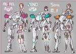  3girls bangs bare_shoulders black_gloves black_leotard blush boots brown_hair closed_mouth commentary_request covered_navel dress elbow_gloves gloves grey_background grey_footwear grey_legwear grey_leotard grin hand_on_hip hand_up headgear kopaka_(karda_nui) leotard long_hair low_twintails multiple_girls orange_eyes original parted_bangs robot simple_background sitting smile standing strapless strapless_dress thigh-highs thigh_boots twintails 