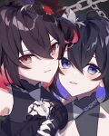  2girls black_hair black_hairband blue_eyes blue_hair chain close-up dual_persona flower hair_between_eyes hair_flower hair_ornament hairband honkai_(series) honkai_impact_3rd karamaru626 looking_at_viewer multiple_girls open_mouth parted_lips red_eyes redhead seele_(alter_ego) seele_vollerei seele_vollerei_(stygian_nymph) teeth upper_teeth_only white_headwear 