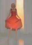  1girl blonde_hair closed_mouth curtains curtsey dress frilled_straps full_body head_tilt huangdanlan indoors looking_at_viewer original red_dress reflection short_hair smile solo standing sunlight window 