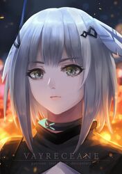  1girl arknights bangs black_choker choker commentary feliciani_yap grey_eyes greythroat_(arknights) hair_ornament looking_at_viewer portrait short_hair silver_hair solo 