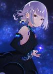  1girl black_dress breasts commentary detached_sleeves dress earrings frilled_cuffs highres jewelry looking_at_viewer mamyouda original purple_hair sideboob signature sky sleeveless small_breasts star_(sky) starry_sky tagme violet_eyes 