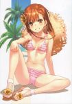  1girl absurdres bangs bikini blue_sky blurry blurry_background blush breasts brown_eyes brown_footwear brown_hair day depth_of_field eyebrows_visible_through_hair flower full_body grin hair_flower hair_ornament hat hat_around_neck head_tilt highres huge_filesize knee_up looking_at_viewer misaka_mikoto palm_tree pink_bikini raika9 sandals scan sitting sky small_breasts smile solo straw_hat swimsuit to_aru_kagaku_no_railgun to_aru_majutsu_no_index tree yellow_flower 