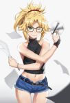  1girl ahoge artoria_pendragon_(all) bare_shoulders black_halter_top blonde_hair bracelet breasts cowboy_shot cutoffs fate/grand_order fate_(series) glasses green_eyes grey_background highres holding holding_paper holding_pen jewelry midriff navel nero_claudius_(fate) nero_claudius_(fate)_(all) one_eye_closed paper pen red_scrunchie saber scrunchie small_breasts smile tonee 