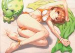  1girl absurdres ankle_scrunchie armpits ball barefoot beachball bikini blush breasts brown_eyes brown_hair collarbone flower frog from_above full_body gekota grin hair_flower hair_ornament highres huge_filesize looking_at_viewer lying misaka_mikoto navel on_side orange_bikini plantar_flexion raika9 sand scan scrunchie short_hair side-tie_bikini small_breasts smile solo swimsuit to_aru_kagaku_no_railgun to_aru_majutsu_no_index wrist_scrunchie 