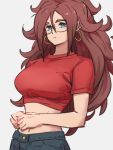  1girl alternate_costume android_21 blue_eyes breasts dragon_ball dragon_ball_fighterz earrings glasses grey_background hoop_earrings jewelry kemachiku large_breasts long_hair looking_at_viewer midriff navel pants red_shirt redhead shirt short_sleeves simple_background solo 