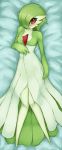  1girl arm_at_side arm_rest blush closed_mouth collarbone dakimakura dress from_above gardevoir gen_3_pokemon green_hair hand_rest highres knees_together_feet_apart looking_at_viewer lying medium_hair monster_girl nose_blush on_back pokemon pokemon_(creature) red_eyes seraziel smile solo 