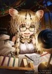  1girl animal_ears black-framed_eyewear black_hair blonde_hair elbow_gloves fang glasses gloves kemono_friends kemono_friends_3 lain looking_away margay_(kemono_friends) messy_hair parted_lips rectangular_eyewear short_hair solo wavy_hair yellow_eyes 