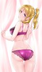  1girl :o ass ayase_eli bangs bare_arms bare_back blonde_hair blue_eyes blush bra breasts curtains hair_between_eyes hair_over_shoulder highres large_breasts looking_at_viewer looking_back love_live! love_live!_school_idol_project nail_polish panties ponytail purple_bra purple_panties scrunchie sidelocks solo underwear underwear_only white_scrunchie yopparai_oni 