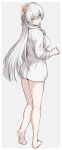  1girl anastasia_(fate/grand_order) ass bangs barefoot blue_eyes blush breasts collared_shirt dress_shirt fate/grand_order fate_(series) hair_over_one_eye hairband large_breasts legs long_hair long_sleeves looking_at_viewer one_eye_closed shirt shiseki_hirame silver_hair simple_background smile white_shirt 