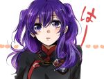  1girl bangs black_jacket black_order_uniform blush d.gray-man hair_between_eyes heart jacket lenalee_lee long_hair looking_at_viewer open_mouth purple_hair shiny shiny_hair shumiko_(kamenokoueki) sketch solo twintails upper_body violet_eyes white_background 