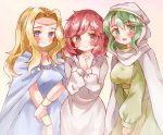  3girls blonde_hair blue_eyes blush cape circlet crossed_arms dress edain_(fire_emblem) fire_emblem fire_emblem:_genealogy_of_the_holy_war fire_emblem:_mystery_of_the_emblem fire_emblem:_thracia_776 green_eyes green_hair hands_clasped jewelry lena_(fire_emblem) long_hair long_sleeves looking_at_viewer medium_hair multiple_girls open_mouth own_hands_together red_eyes redhead safi_(fire_emblem) smile sui_(aruko91) 