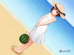  1girl alternate_costume barefoot beach blue_sky brown_hair commentary_request csr201 day dress dutch_angle food fruit hat horizon kantai_collection looking_at_viewer mutsuki_(kantai_collection) ocean outdoors redhead short_hair sky sleeveless solo standing straw_hat sun_hat sunglasses watermelon white_dress 