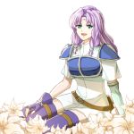  1girl :d breastplate circlet delsaber dress fingerless_gloves fire_emblem fire_emblem:_the_blazing_blade florina_(fire_emblem) flower gloves green_eyes hair_tubes long_hair lowres open_mouth purple_gloves purple_hair purple_legwear shiny shiny_hair short_dress short_sleeves shoulder_armor simple_background sitting smile solo spaulders thigh-highs white_background white_dress white_flower zettai_ryouiki 