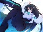  1girl aqua_eyes black_hair bodysuit bodysuit_under_clothes eyebrows_visible_through_hair floating floating_hair gundam gundam_build_divers gundam_build_divers_re:rise hair_between_eyes illi44 long_hair may_(gundam_build_divers_re:rise) shrug_(clothing) solo very_long_hair 