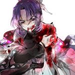  1girl black_jacket blood blood_from_mouth bloody_clothes bruise_on_face butterfly_hair_ornament deep_wound gradient_hair hair_intakes hair_ornament haori injury jacket japanese_clothes kimetsu_no_yaiba kochou_shinobu long_sleeves lowres multicolored_hair purple_hair shiny shiny_hair short_hair shumiko_(kamenokoueki) simple_background solo v-shaped_eyebrows violet_eyes white_background 