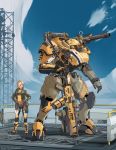  1girl artist_name blonde_hair blue_eyes bodysuit bodysuit_under_clothes commission english_commentary extra_eyes gun hair_over_one_eye hands_on_hips highres holding holding_gun holding_weapon jacket mecha original peyton_gee pilot_suit short_hair shoulder_cannon standing twitter_username weapon yellow_eyes 