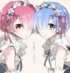  2girls black_ribbon blue_eyes blue_hair detached_sleeves eyebrows_visible_through_hair flower hair_flower hair_ornament hair_over_one_eye hair_ribbon head_wreath looking_at_viewer multiple_girls neck_ribbon parted_lips pink_hair pink_ribbon ram_(re:zero) re:zero_kara_hajimeru_isekai_seikatsu red_eyes rem_(re:zero) ribbon shiny shiny_hair short_hair shumiko_(kamenokoueki) siblings sisters symmetry upper_body white_flower x_hair_ornament 