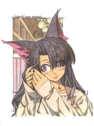  1girl animal_ear_fluff animal_ears blush brown_hair dated fox_ears fox_girl highres long_hair looking_to_the_side meiz open_mouth original shikishi solo traditional_media violet_eyes watercolor_(medium) 