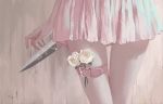  12yun30 1girl close-up english_commentary flower highres holding holding_knife knife open_hand original pink_nails pink_skirt rose skirt thigh_strap thighs white_flower white_rose 