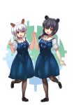  2girls :d absurdres alternate_costume animal_ears bangs black_footwear black_hair black_legwear bow bowtie brown_eyes dress extra_ears full_body hair_between_eyes highres holding_hands interlocked_fingers kemono_friends long_hair looking_at_viewer malayan_tapir_(kemono_friends) multiple_girls open_mouth plaid plaid_bow plaid_neckwear shirt shoes short_hair simple_background smile southern_tamandua_(kemono_friends) standing standing_on_one_leg tadano_magu tapir_ears white_hair 