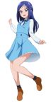  1girl :d absurdres acchi_(koiyimknp) black_legwear blue_dress blue_hair blue_ribbon brown_footwear dokidoki!_precure dress full_body grey_eyes highres hishikawa_rikka long_hair long_sleeves neck_ribbon open_mouth pinafore_dress precure ribbon shiny shiny_hair shirt short_dress simple_background sleeveless sleeveless_dress smile socks solo white_background white_shirt 