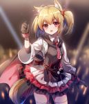  1girl ahoge animal_ears arknights arm_up bangs black_gloves black_skirt blonde_hair bow collared_shirt cowboy_shot eyebrows_visible_through_hair gloves hair_between_eyes hair_bow highres idol layered_skirt liu_(-liu) long_hair long_sleeves looking_at_viewer miniskirt multicolored multicolored_clothes multicolored_skirt necktie open_mouth red_bow red_eyes red_neckwear red_skirt shiny shiny_hair shirt skirt solo sora_(arknights) stage standing tail tearing_up tears thigh-highs twintails white_legwear white_shirt white_skirt wing_collar wolf_ears wolf_tail zettai_ryouiki 