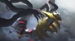  absurdres asteroid_ill clouds dragapult flying fog gen_4_pokemon gen_8_pokemon giratina giratina_(origin) highres legendary_pokemon mythical_pokemon no_humans pillar pokemon pokemon_(creature) red_eyes 