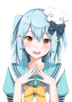  1boy :d absurdres aqua_serafuku blue_hair blush bow bowtie brown_eyes cardigan cardigan_vest crossdressinging dog_hair_ornament double_horizontal_stripe eyebrows_visible_through_hair fang fingers_together hair_bow hands_together highres inuyama_tamaki looking_at_viewer male marie_(pixiv31942978) noripro open_hands open_mouth otoko_no_ko portrait raised_eyebrows sailor_collar school_uniform serafuku short_hair simple_background smile solo trap two_side_up vest virtual_youtuber white_background white_cardigan white_vest yellow_neckwear 