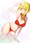  1girl absurdres bangs bikini blonde_hair blush braid breasts eyebrows_visible_through_hair fate/extra fate_(series) french_braid hair_bun highres large_breasts looking_at_viewer na_arva nero_claudius_(fate) nero_claudius_(fate)_(all) partially_submerged red_bikini smile solo swimsuit thighs yellow_eyes 