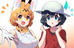  2girls animal_ears bare_shoulders black_hair blonde_hair blue_eyes bow bowtie commentary_request commission elbow_gloves extra_ears eyebrows_visible_through_hair gloves helmet highres kaban_(kemono_friends) kemono_friends multiple_girls pith_helmet print_gloves print_neckwear red_shirt serval_(kemono_friends) serval_ears serval_print shirt short_hair sleeveless t-shirt takosuke0624 white_shirt yellow_eyes 